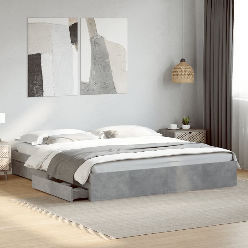 Cadre de lit avec tiroirs sans matelas gris bton 200x200 cm