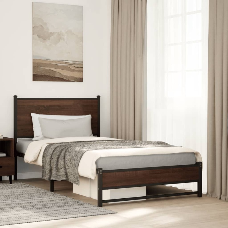 Cadre de lit en mtal sans matelas chne marron 100x200 cm
