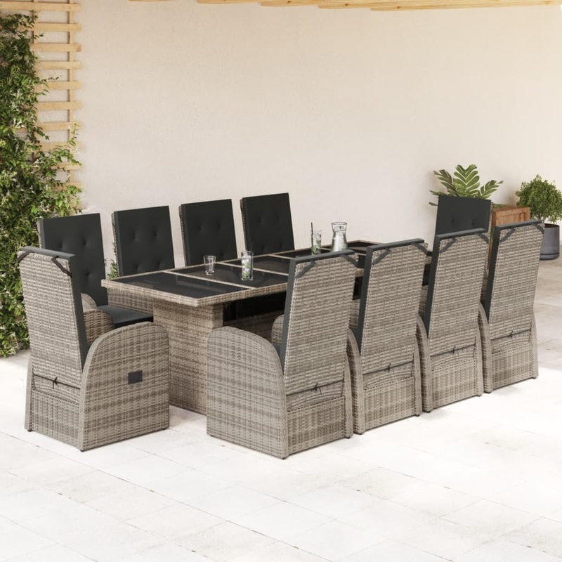 Ensemble  manger de jardin 11pcs avec coussins gris poly rotin