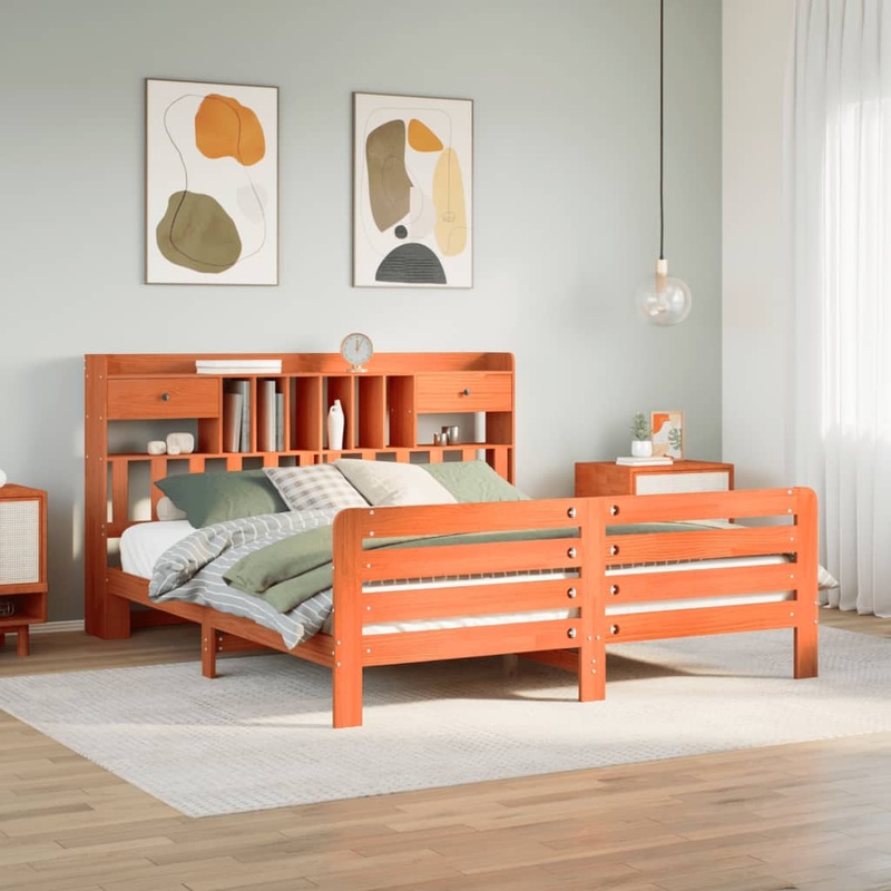 Lit bibliothque sans matelas cire marron 200x200 cm pin massif