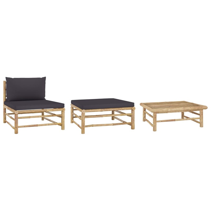 Salon de jardin 3 pcs avec coussins gris fonc Bambou