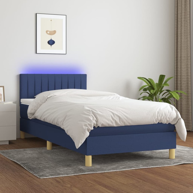Sommier  lattes de lit avec matelas et LED Bleu 90x190cm Tissu