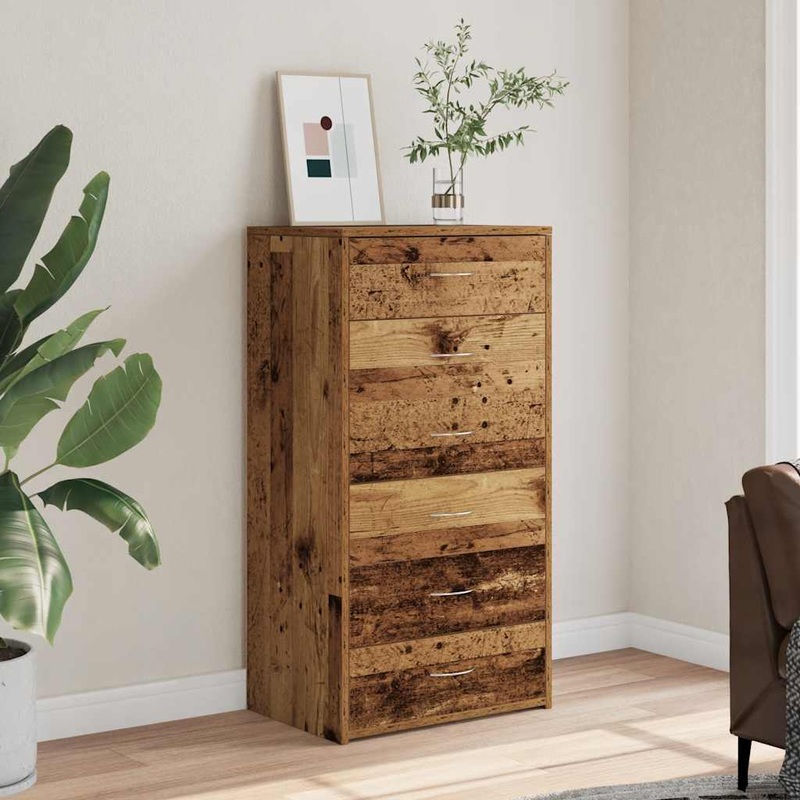 Buffet avec 6 tiroirs vieux bois 50x34x96 cm bois d'ingnierie