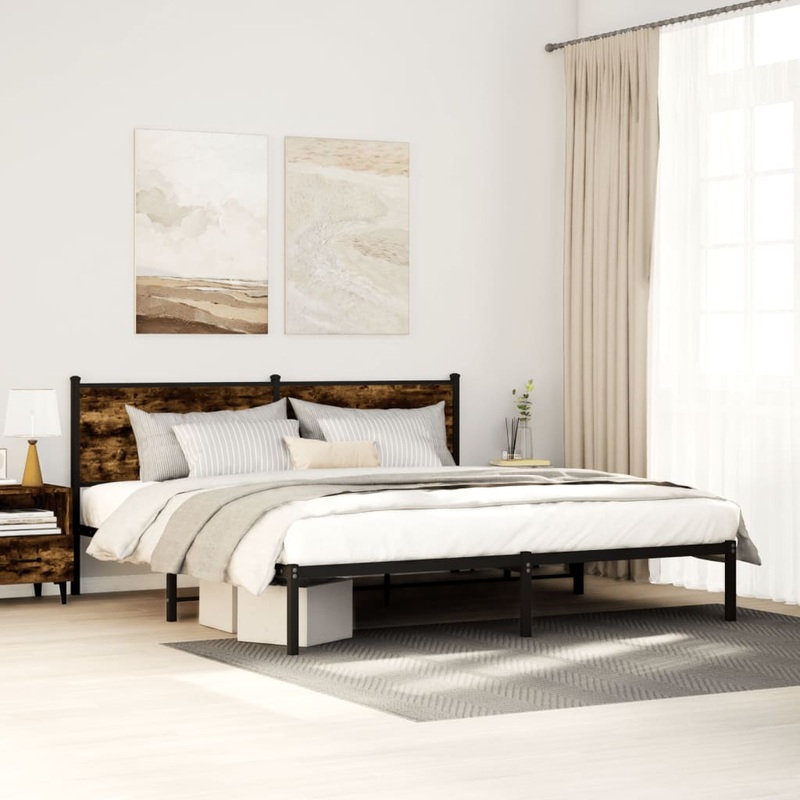 Cadre de lit en mtal sans matelas chne fum 183x213 cm