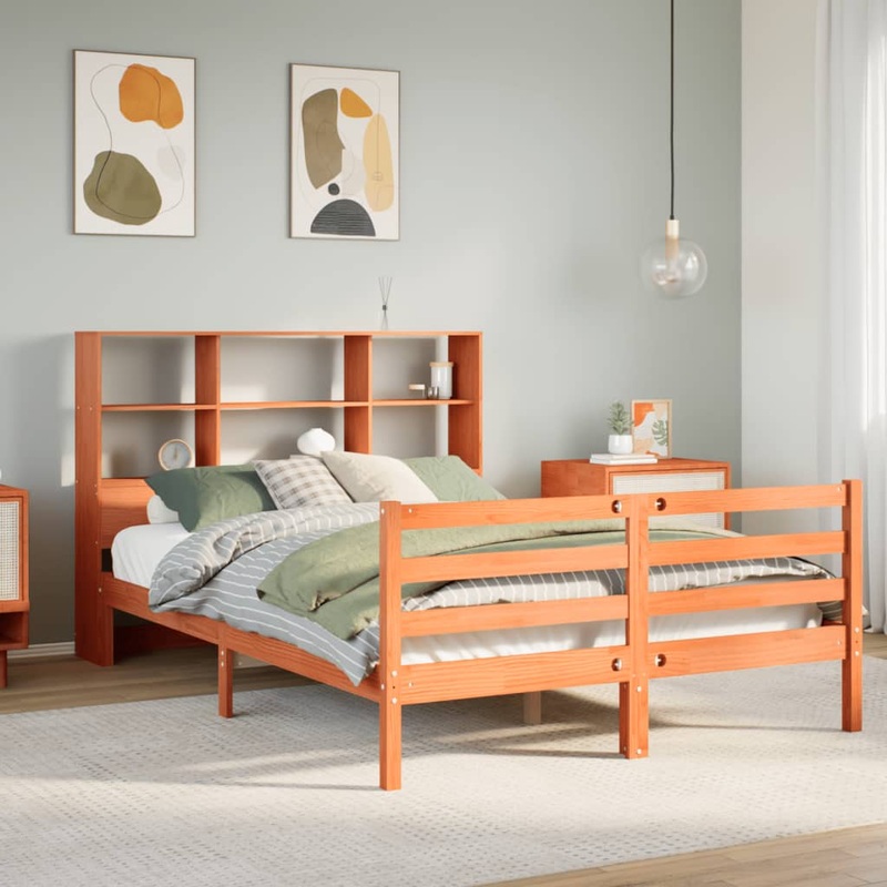 Lit bibliothque sans matelas cire marron 150x200cm bois massif