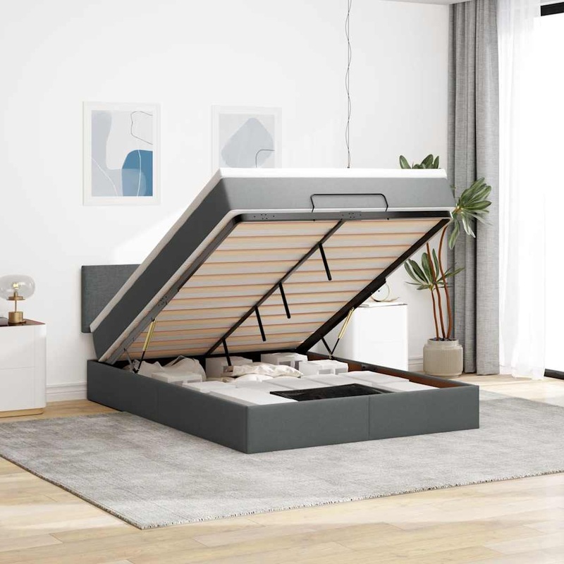 Lit ottoman avec matelas et LED gris fonc 140x200 cm tissu